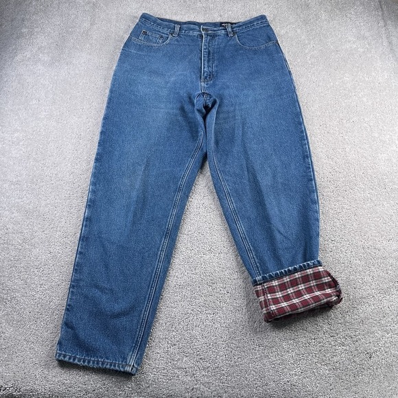 VINTAGE Eddie Bauer Jeans Womens 14 Blue Flannel Lined High Waist Tapered Denim - Picture 1 of 14